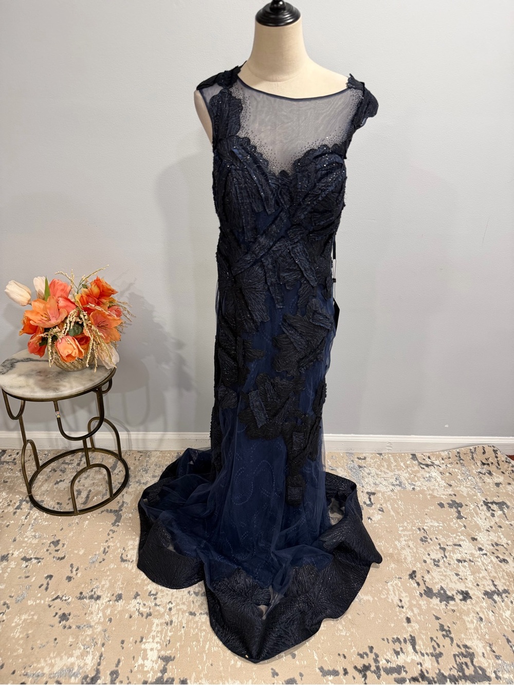 Alberto Makali Navy Beaded Appliqué Illusion Neck & Back Formal Evening Gown